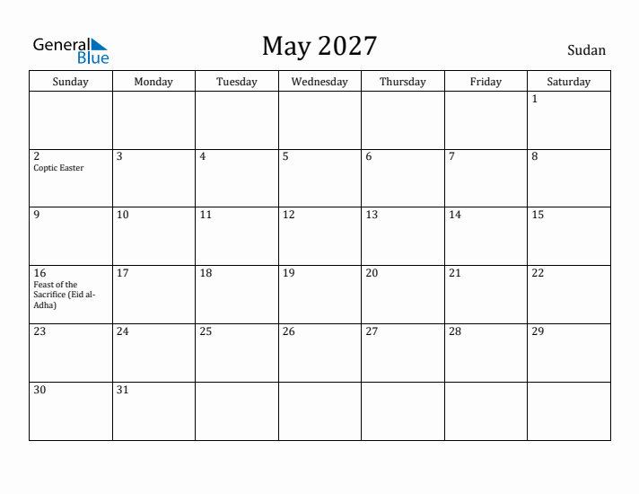 May 2027 Calendar Sudan