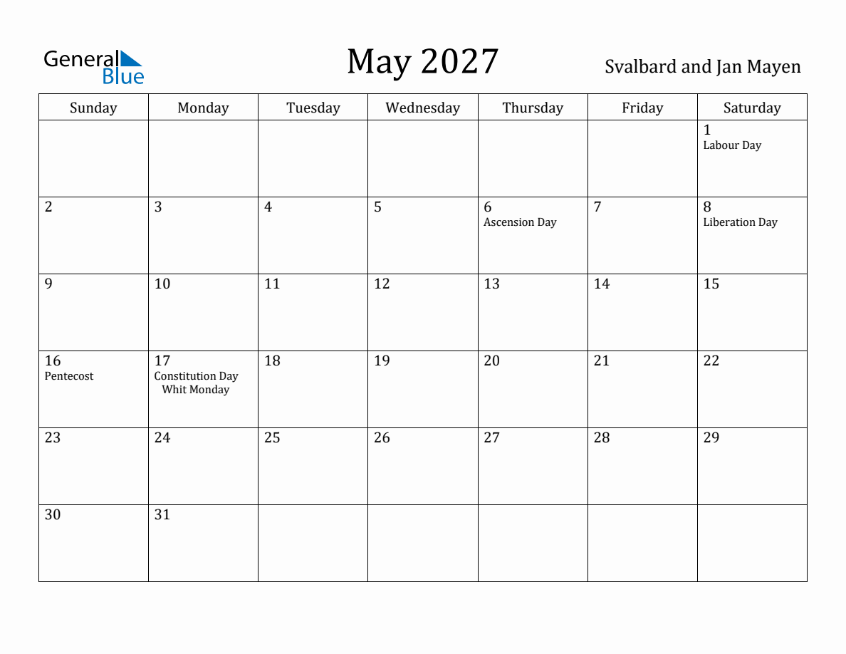 May 2027 Monthly Calendar with Svalbard and Jan Mayen Holidays