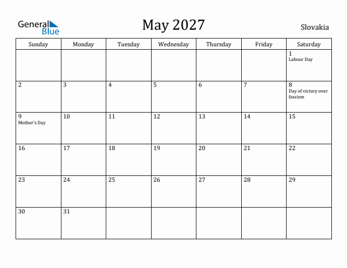 May 2027 Calendar Slovakia