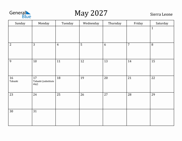 May 2027 Calendar Sierra Leone