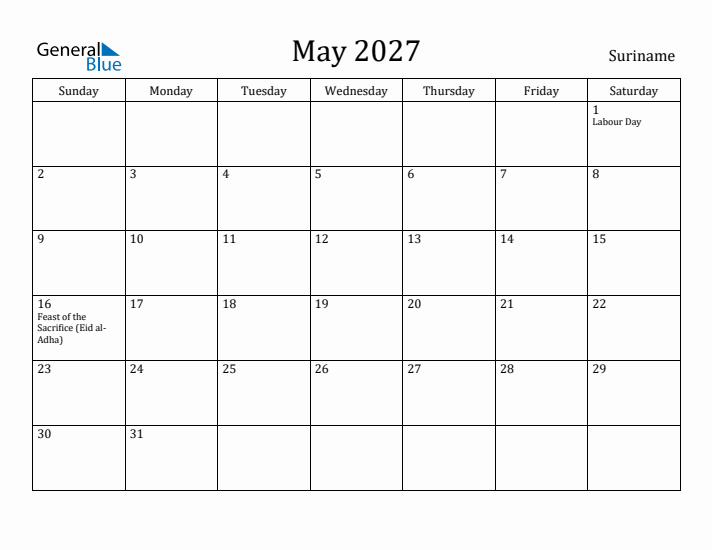 May 2027 Calendar Suriname