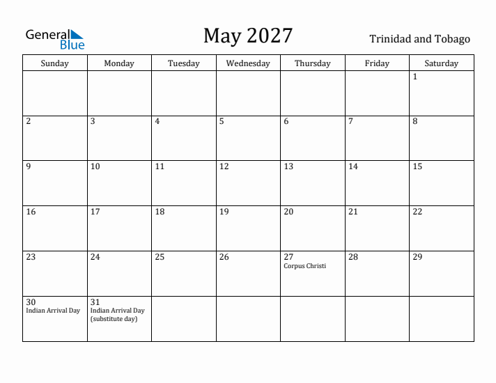 May 2027 Calendar Trinidad and Tobago