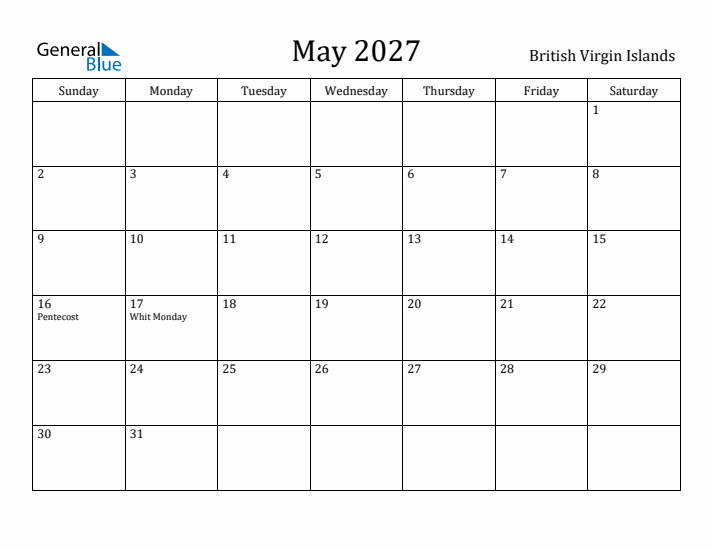 May 2027 Calendar British Virgin Islands