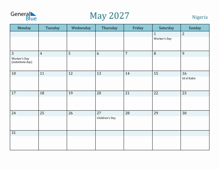 May 2027 Calendar with Holidays