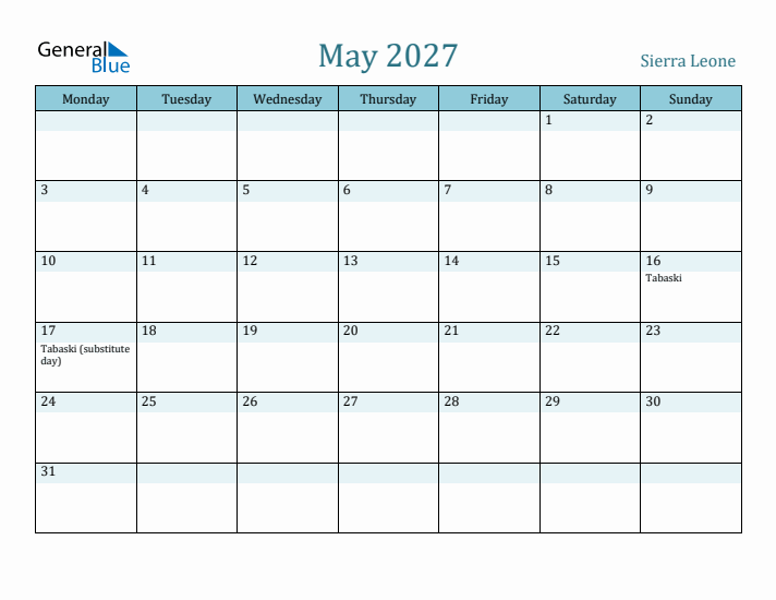 May 2027 Calendar with Holidays