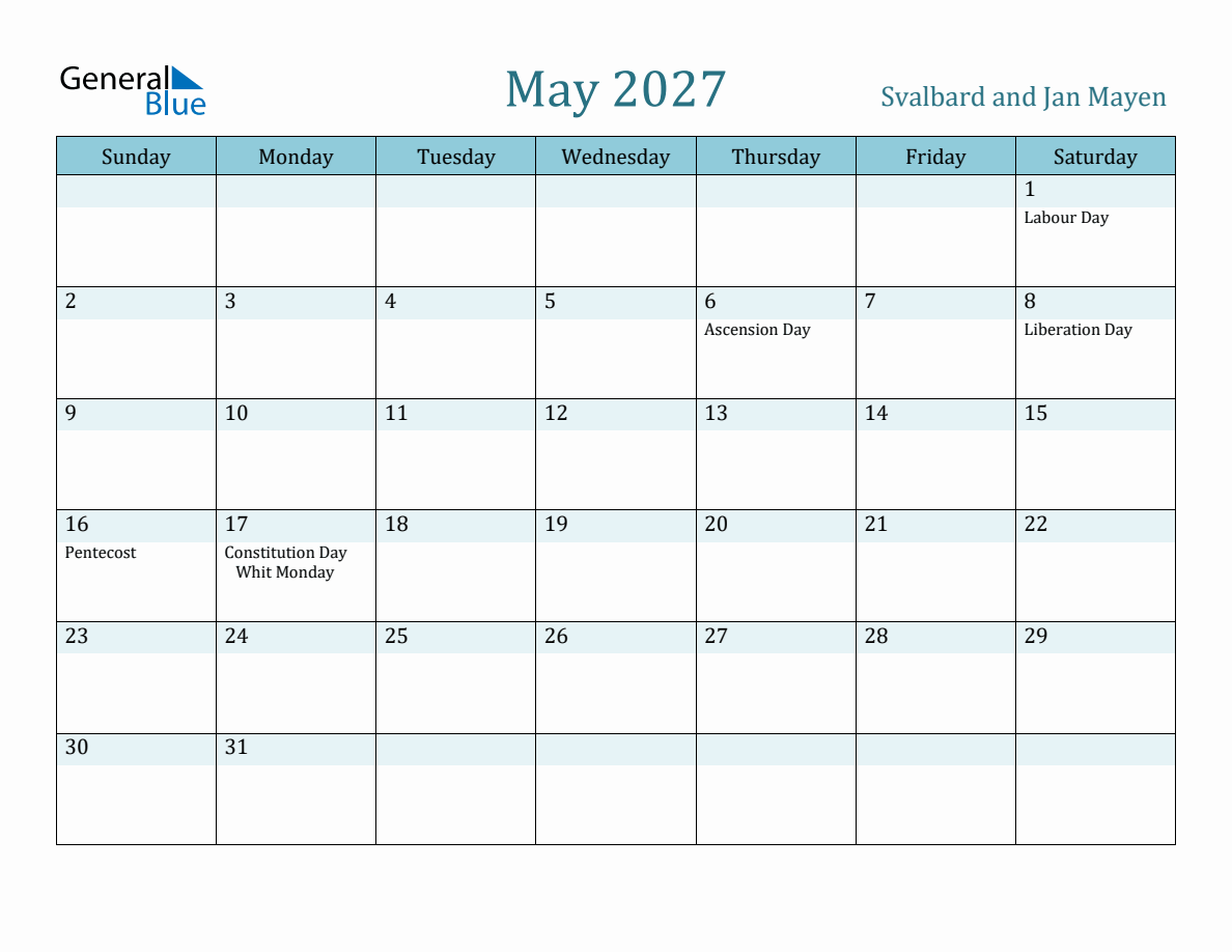 Svalbard and Jan Mayen Holiday Calendar for May 2027