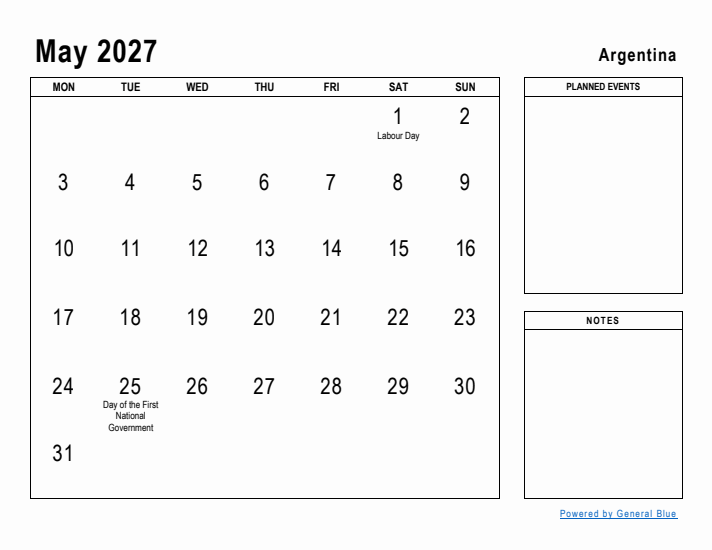 May 2027 Printable Monthly Calendar with Argentina Holidays