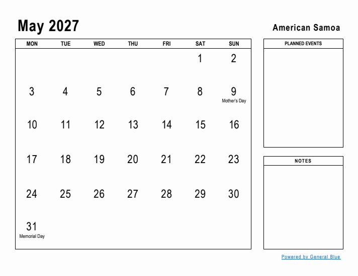 May 2027 Printable Monthly Calendar with American Samoa Holidays