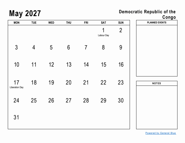 May 2027 Printable Monthly Calendar with Democratic Republic of the Congo Holidays