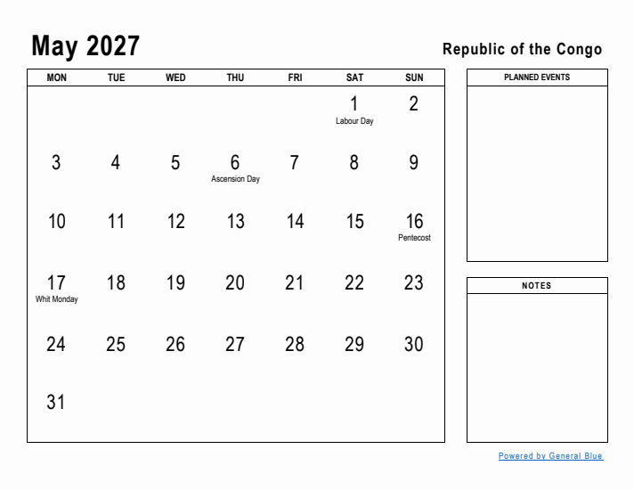 May 2027 Printable Monthly Calendar with Republic of the Congo Holidays