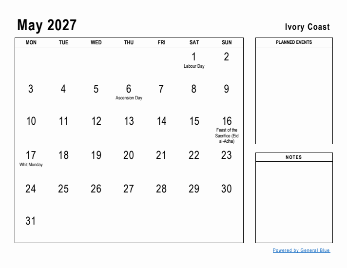 May 2027 Printable Monthly Calendar with Ivory Coast Holidays