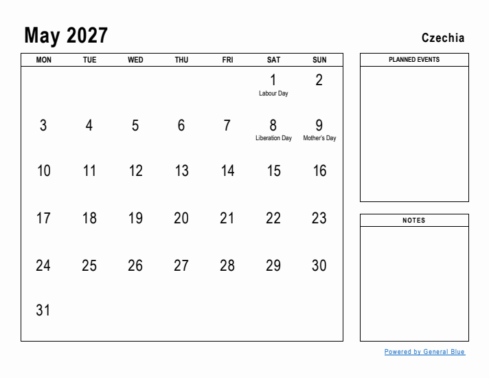 May 2027 Printable Monthly Calendar with Czechia Holidays