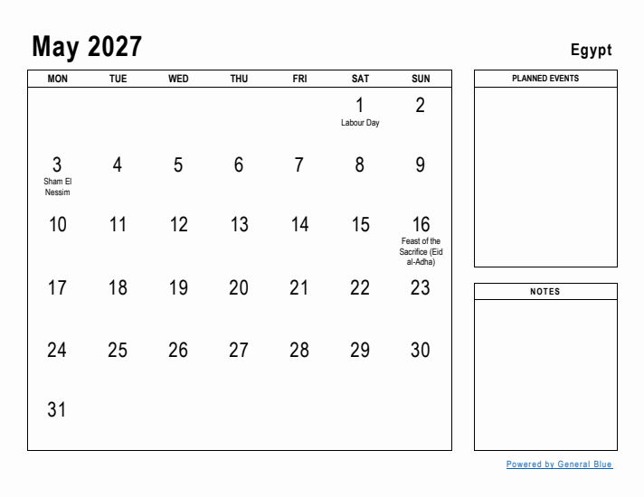 May 2027 Printable Monthly Calendar with Egypt Holidays