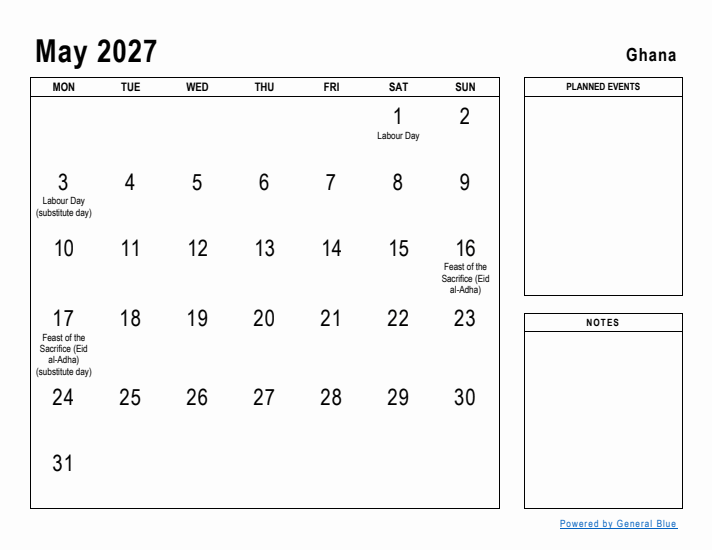 May 2027 Printable Monthly Calendar with Ghana Holidays