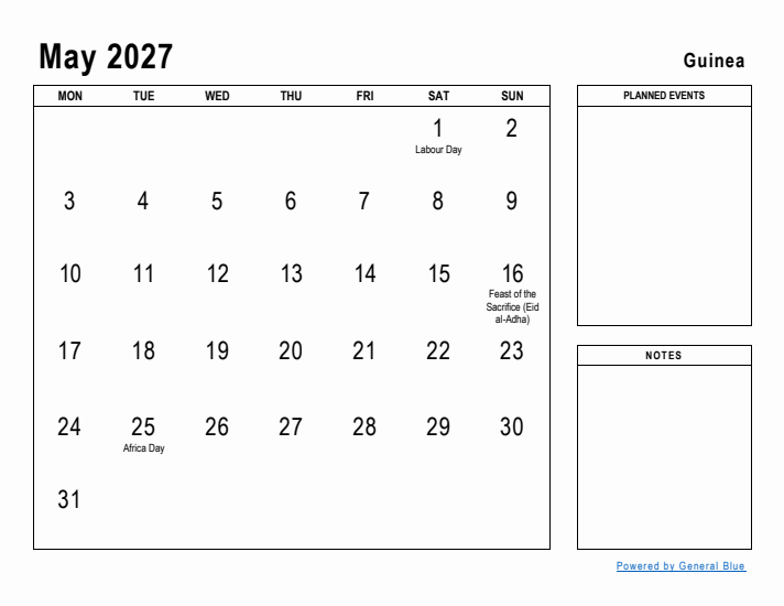 May 2027 Printable Monthly Calendar with Guinea Holidays