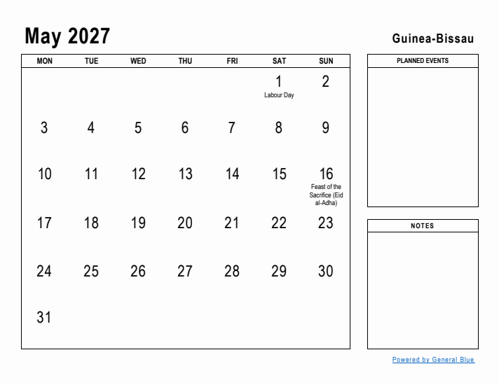 May 2027 Printable Monthly Calendar with Guinea-Bissau Holidays