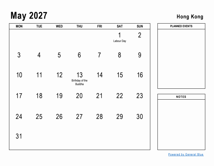 May 2027 Printable Monthly Calendar with Hong Kong Holidays