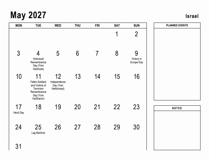 May 2027 Printable Monthly Calendar with Israel Holidays
