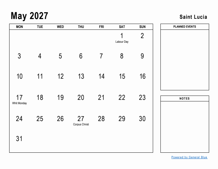 May 2027 Printable Monthly Calendar with Saint Lucia Holidays