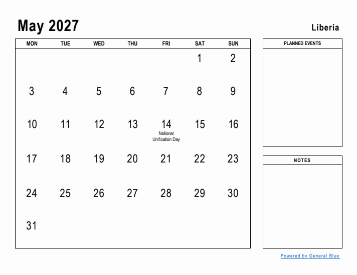 May 2027 Printable Monthly Calendar with Liberia Holidays