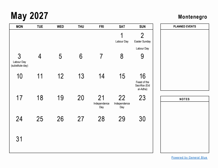 May 2027 Printable Monthly Calendar with Montenegro Holidays
