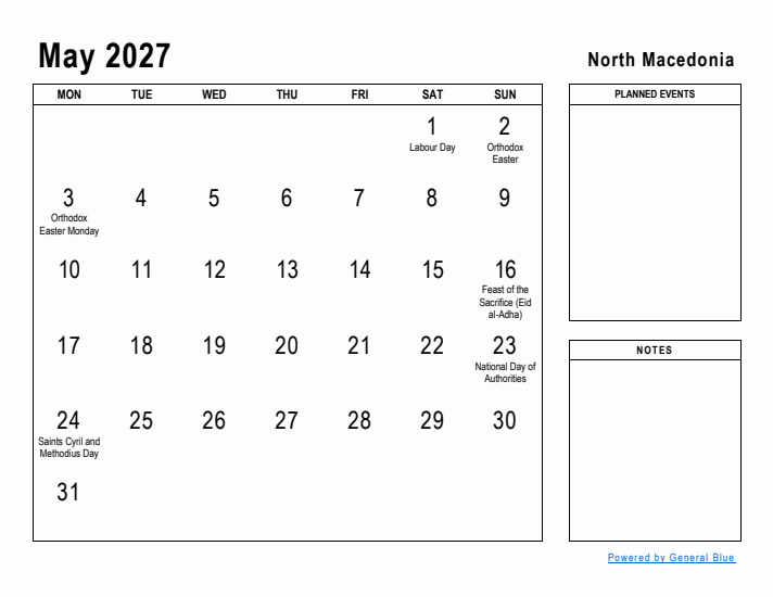 May 2027 Printable Monthly Calendar with North Macedonia Holidays