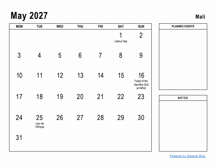 May 2027 Printable Monthly Calendar with Mali Holidays