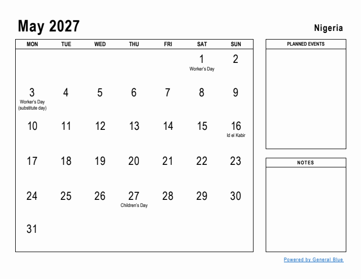 May 2027 Printable Monthly Calendar with Nigeria Holidays