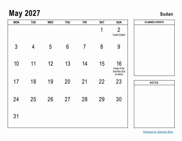 May 2027 Printable Monthly Calendar with Sudan Holidays