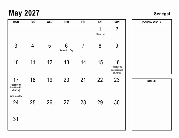 May 2027 Printable Monthly Calendar with Senegal Holidays