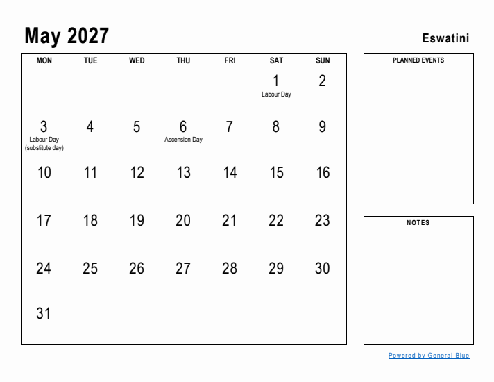 May 2027 Printable Monthly Calendar with Eswatini Holidays