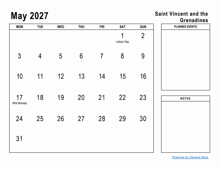 May 2027 Printable Monthly Calendar with Saint Vincent and the Grenadines Holidays