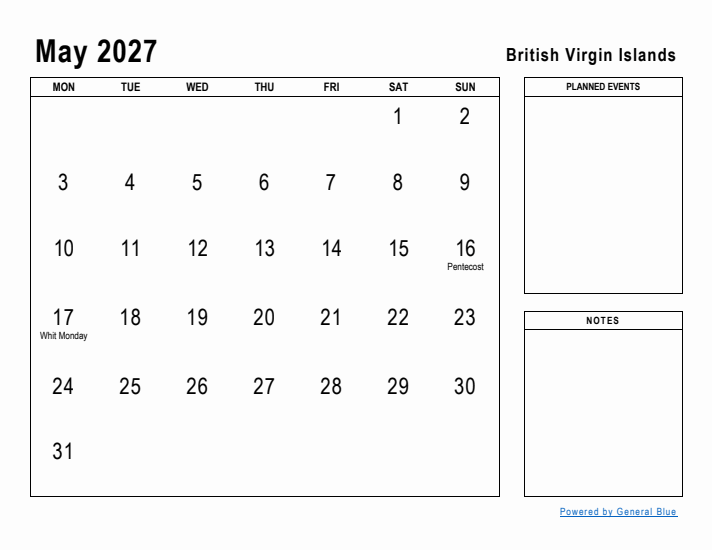 May 2027 Printable Monthly Calendar with British Virgin Islands Holidays