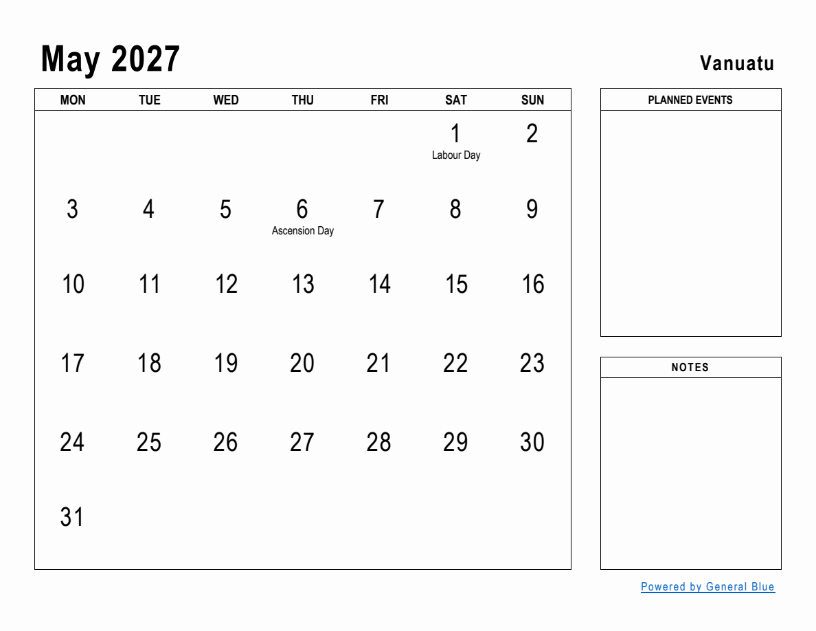 May 2027 Planner with Vanuatu Holidays (Monday Start)