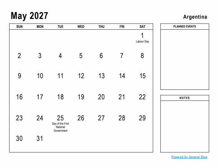 May 2027 Printable Monthly Calendar with Argentina Holidays