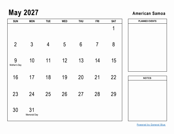 May 2027 Printable Monthly Calendar with American Samoa Holidays