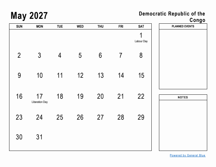 May 2027 Printable Monthly Calendar with Democratic Republic of the Congo Holidays
