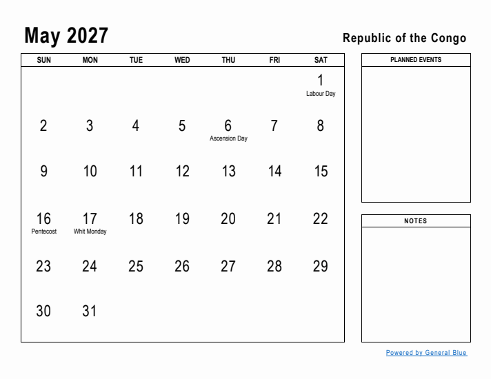 May 2027 Printable Monthly Calendar with Republic of the Congo Holidays