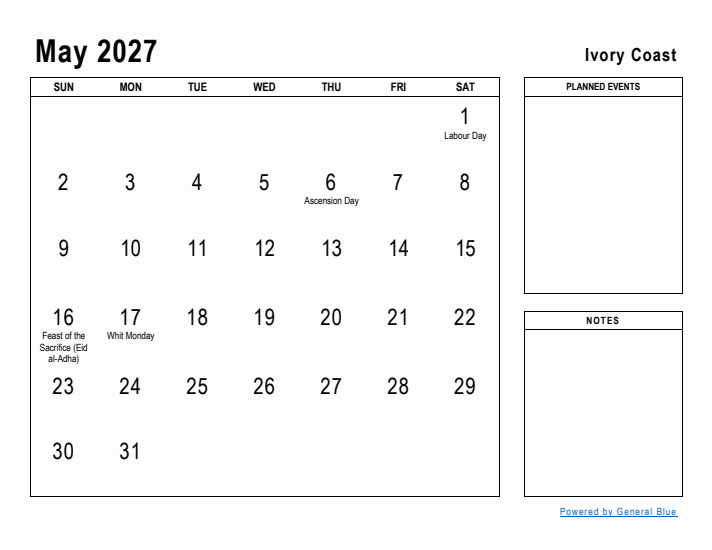 May 2027 Printable Monthly Calendar with Ivory Coast Holidays
