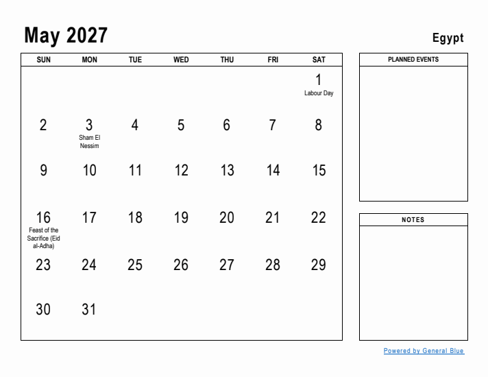 May 2027 Printable Monthly Calendar with Egypt Holidays