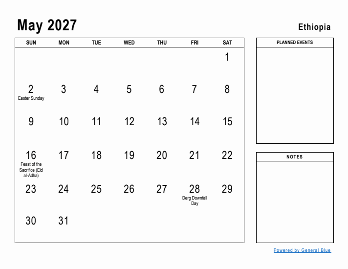May 2027 Printable Monthly Calendar with Ethiopia Holidays