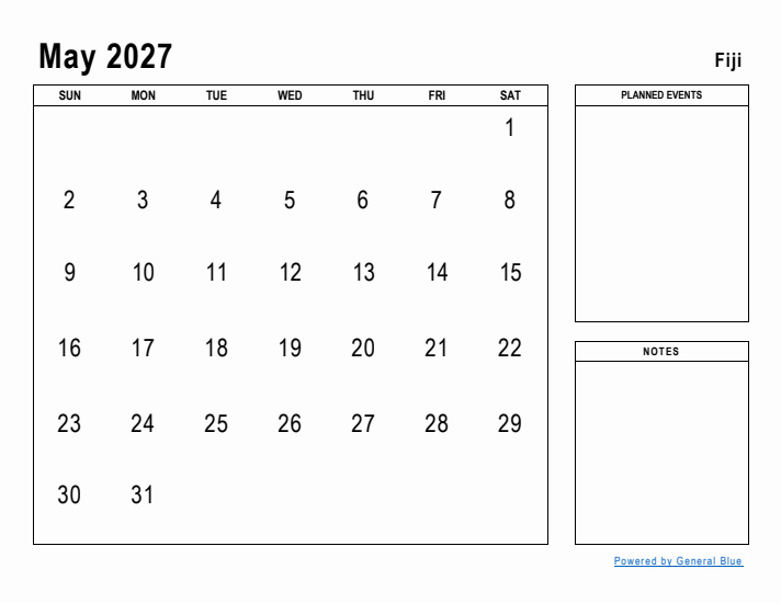 May 2027 Printable Monthly Calendar with Fiji Holidays