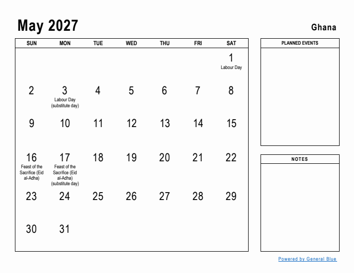 May 2027 Printable Monthly Calendar with Ghana Holidays