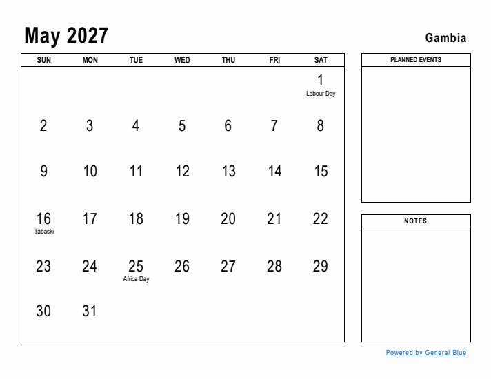 May 2027 Printable Monthly Calendar with Gambia Holidays