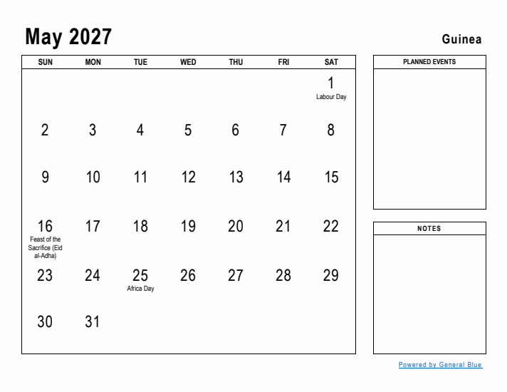 May 2027 Printable Monthly Calendar with Guinea Holidays