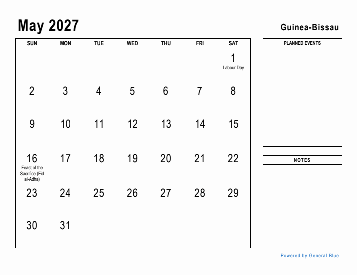 May 2027 Printable Monthly Calendar with Guinea-Bissau Holidays