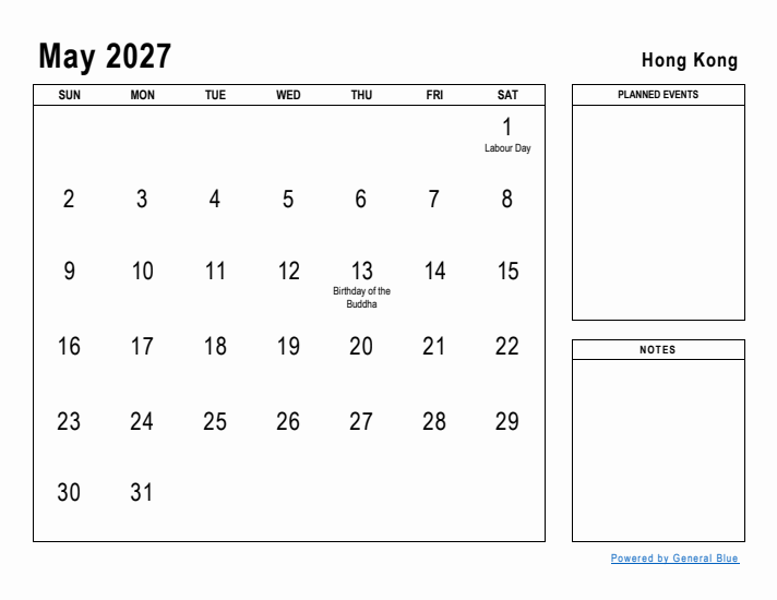 May 2027 Printable Monthly Calendar with Hong Kong Holidays