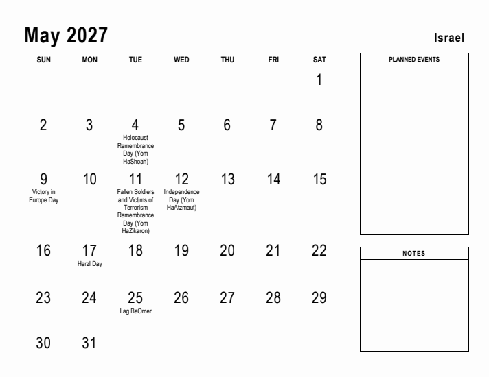 May 2027 Printable Monthly Calendar with Israel Holidays
