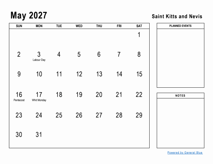 May 2027 Printable Monthly Calendar with Saint Kitts and Nevis Holidays