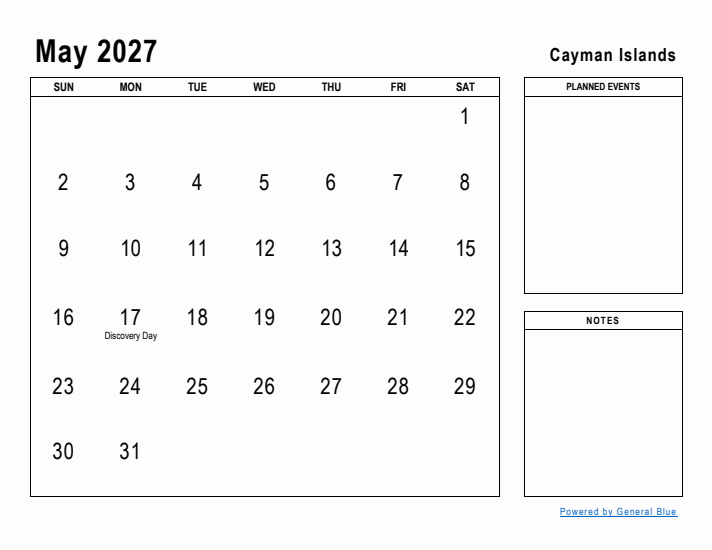 May 2027 Printable Monthly Calendar with Cayman Islands Holidays